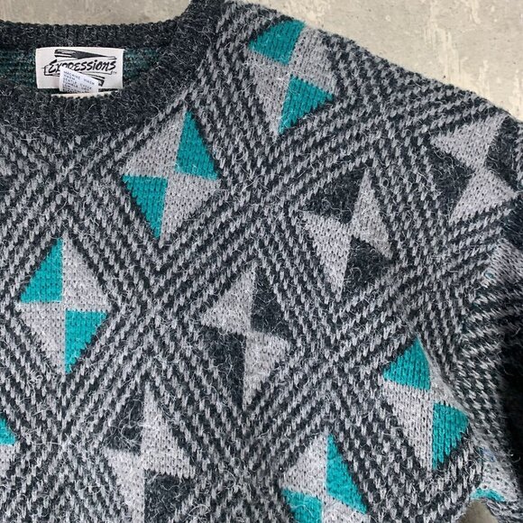 Vintage Sweater Expressions Size Large Fuzzy Argyle Print Black Teal - Picture 5 of 5